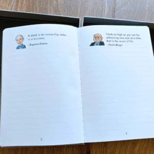 Open investing notebook showing an investor quote and caricature at the top of each page
