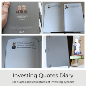 Inside pages of the Investing Quotes Diary: 160 quotes and caricatures of great investors