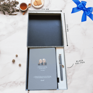 Notebook of Wisdom investing notebook in its gift box with a black gel pen