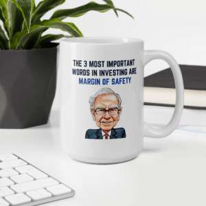 Close-up of the margin of safety quote mug with Buffett caricature
