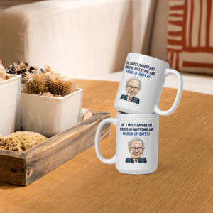 Two margin of safety mugs stacked on a wooden tray