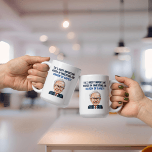 Two people toasting with Warren Buffett margin of safety mugs