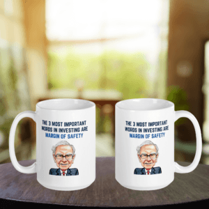 Two Warren Buffett margin of safety quote mugs on a table