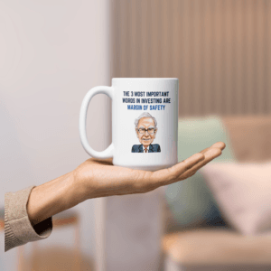Warren Buffett margin of safety mug balanced on an open hand