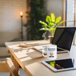 Margin of safety mug on a desk beside a laptop