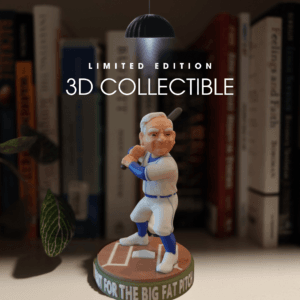 Warren Buffett 3D printed collectible figurine holding a baseball bat, waiting for the big fat pitch