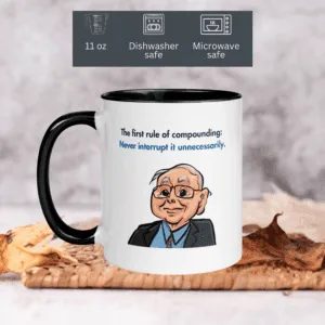 The first rule of compounding: Never interrupt it unnecessarily, Close-up of Charlie Munger coffee mug with detailed caricature and finance quote, Side view of an investor-themed mug featuring a motivational finance quote by Charlie Munger,