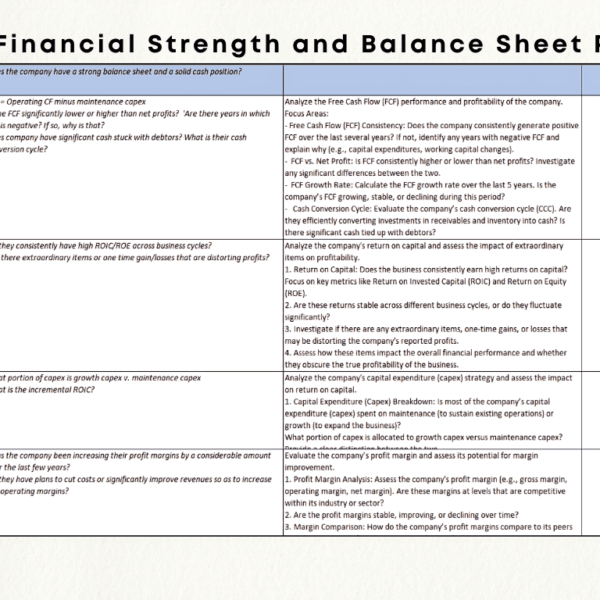 Investing Checklist section: financial strength and balance sheet