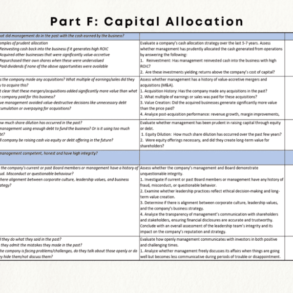 Stock research Checklist section: capital allocation