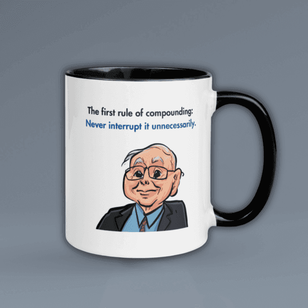 Charlie Munger caricature mug styled with a cozy coffee setup, ideal for finance lovers, Unique investor gift featuring Charlie Munger’s famous compounding quote on a durable ceramic mug,