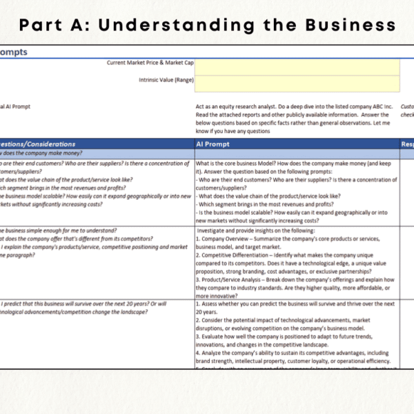 Checklist section: understanding the business, with AI prompts for each question