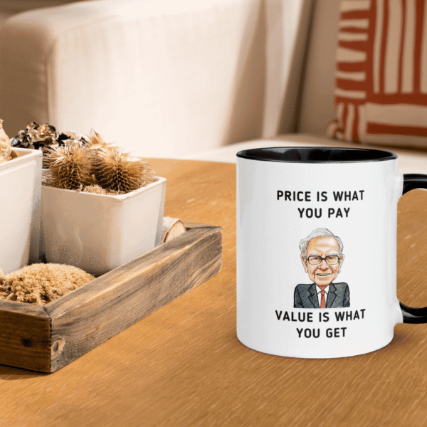 Warren Buffett mug on a wooden tray in a bright living room