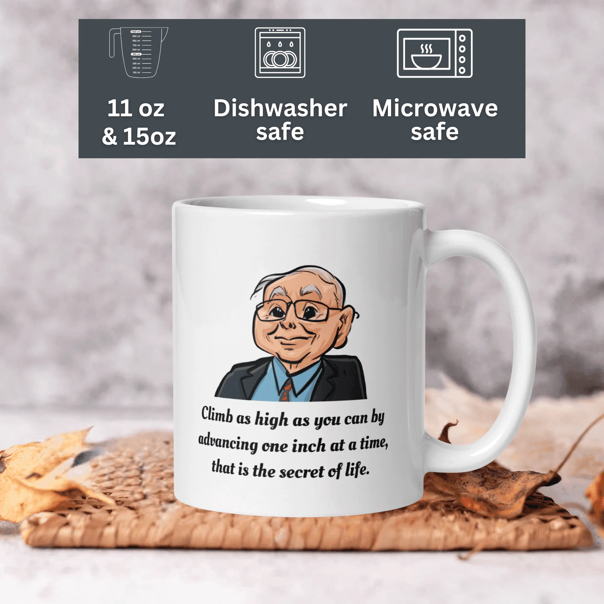 Charlie Munger Quote Coffee Mug, White ceramic coffee mug with a Charlie Munger quote in bold black text Close-up of a finance-themed coffee mug featuring an inspirational Charlie Munger quote Side view of a high-quality ceramic mug with a motivational investing quote by Charlie Munger