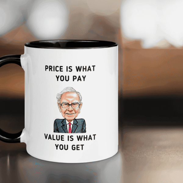 Close-up of the Warren Buffett quote mug with black handle