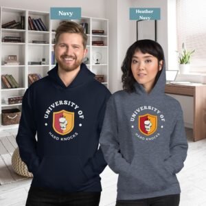 Person styling the "University of Hard Knocks" hoodie with jeans, great for a casual yet motivated look, Entrepreneur wearing a University of Hard Knocks hoodie while working on a laptop, embodying the hustle mindset.