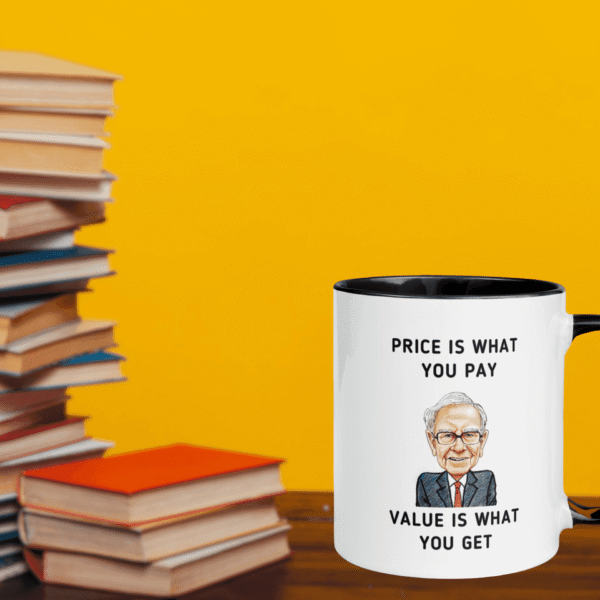 Warren Buffett value investing mug against a yellow wall with a stack of books