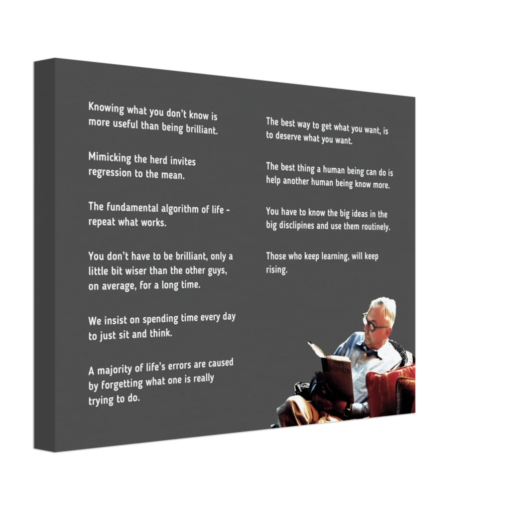 Charlie Munger Quotes Canvas Print with Top 10 Quotes & Caricature, "alt_text" "Charlie Munger Wall Art Canvas Print featuring top 10 quotes and caricature – Office Decor, Investor Gift, Motivational Wall Frame,