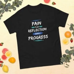 Inspirational Quote T-shirt, pain plus reflection equals progress quote by ray dalio. The phrase is a core principle articulated by Ray Dalio, founder of Bridgewater Associates, emphasizing that growth and improvement often stem from confronting challenges and learning from mistakes.