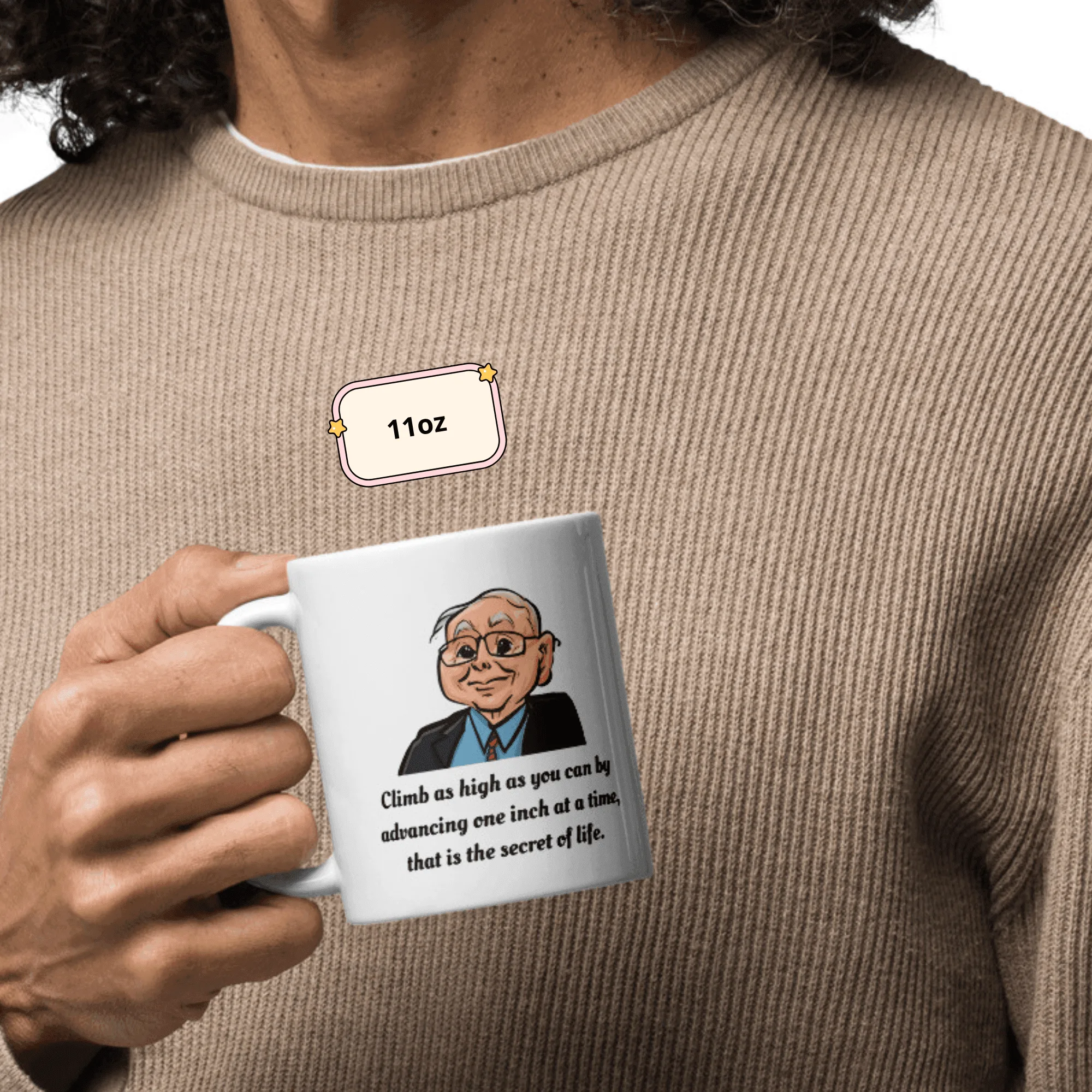 Elegant coffee mug with a lifelong learning quote from legendary investor Charlie Munger Investor’s workspace featuring a finance quote mug and stock market charts Gift-ready Charlie Munger coffee mug in a stylish box, perfect for entrepreneurs and finance lovers