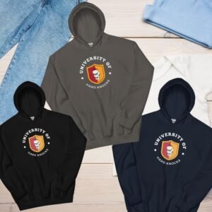 Detailed close-up of the University of Hard Knocks print on a hoodie, symbolizing real-world experience and resilience, Black "School of Hard Knocks" pullover hoodie, a motivational piece for investors and risk-takers.
