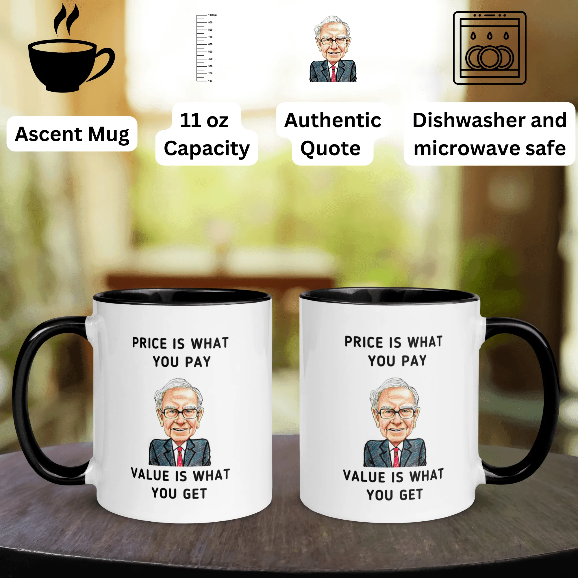 Hand holding a Warren Buffett Value Investing Mug filled with coffee. Enjoying a morning coffee with a Warren Buffett "Price & Value" mug. Investor holding a Warren Buffett quote mug while reading financial news.