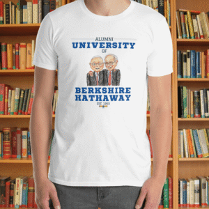 Gildan 64000 shirt with clear print visible Model pointing to University of Berkshire Hathaway text, smiling T-shirt on hanger against minimalist background, showcasing fit and fabric Zoomed-in shot of neckline and sleeve stitching of Gildan 64000 tee