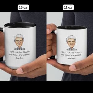 Front view of white ceramic coffee mug with Peter Lynch quote: "Don't cut the flowers and water the weeds." Close-up of second Peter Lynch quote on coffee mug: "Go for a business that any idiot can run – because sooner or later an idiot probably is going to be running it." Peter Lynch investing quote mug displayed on a desk beside a laptop and stock charts. Gift-ready coffee mug featuring famous Peter Lynch quotes, ideal for investors and finance fans.