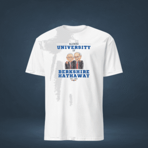 Close-up of printed text "University of Berkshire Hathaway" on cotton fabric Model wearing University of Berkshire Hathaway t-shirt outdoors with casual jeans Back view of black Gildan 64000 t-shirt worn by model University of Berkshire Hathaway t-shirt folded neatly on table next to books and glasses Soft cotton texture of