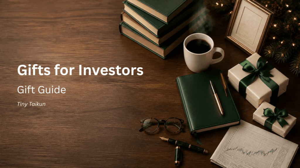 Gift ideas for investors including investing books, a coffee mug, a leather notebook and wrapped gifts