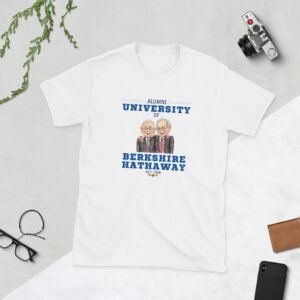 Front view of University of Berkshire Hathaway t-shirt in black, flat lay on white background