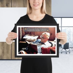 Charlie Munger portrait reading a book with inspirational quote in black frame
