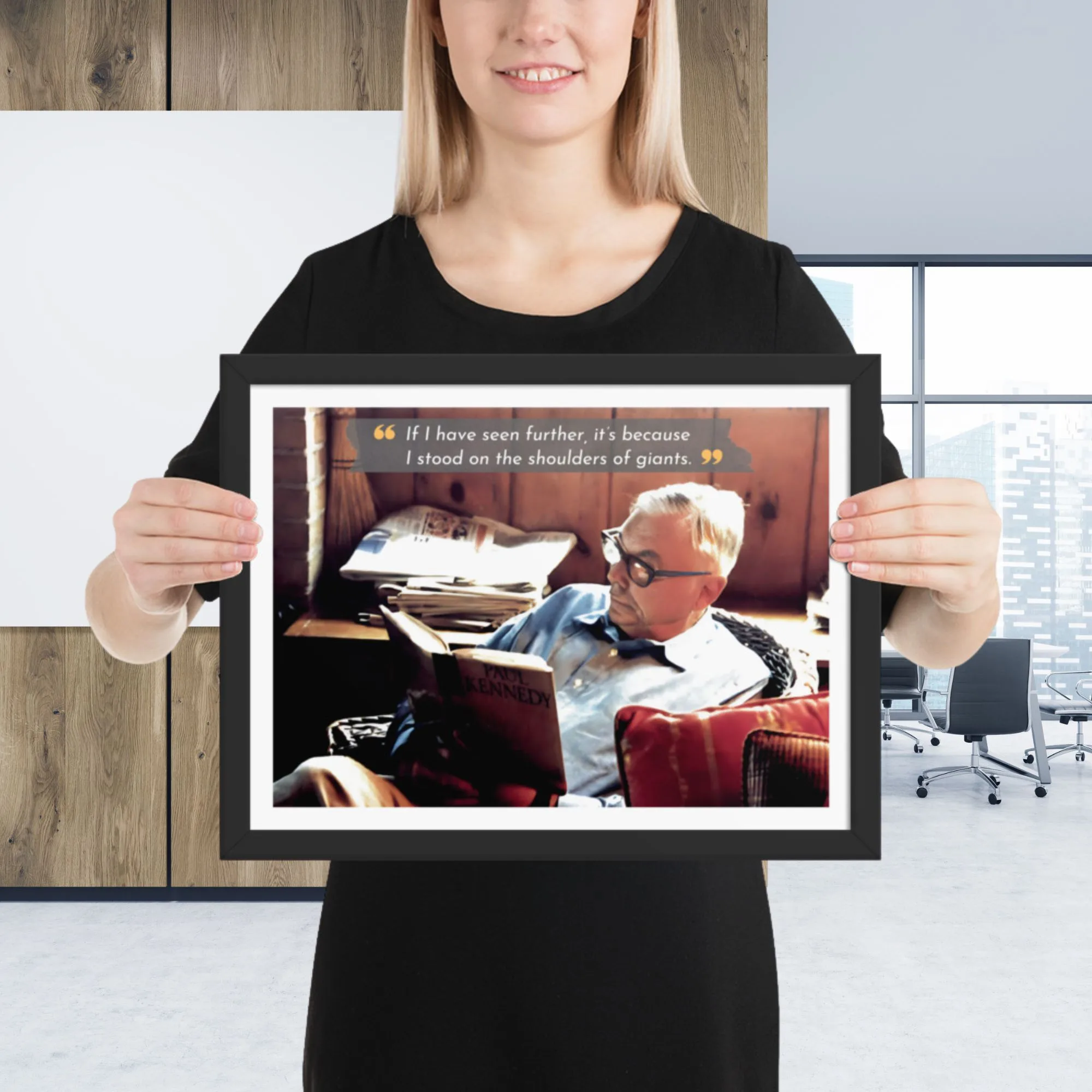 Charlie Munger portrait reading a book with inspirational quote in black frame