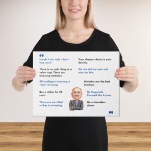 Mohnish Pabrai Best Quotes, Mohnish Pabrai Value Investor, Mohnish Pabrai Photo, Value Investor Gift, Close-up detail of the Mohnish Pabrai quote "The single biggest advantage a value investor has is not IQ. It's patience and waiting" printed on canvas.