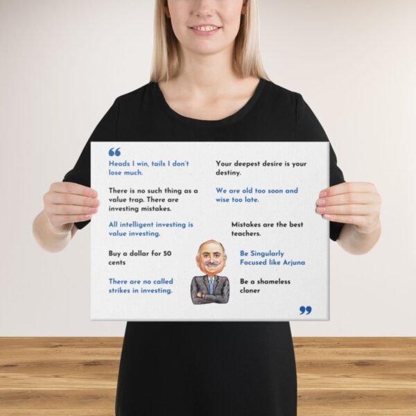 Mohnish Pabrai Best Quotes, Mohnish Pabrai Value Investor, Mohnish Pabrai Photo, Value Investor Gift, Close-up detail of the Mohnish Pabrai quote "The single biggest advantage a value investor has is not IQ. It's patience and waiting" printed on canvas.