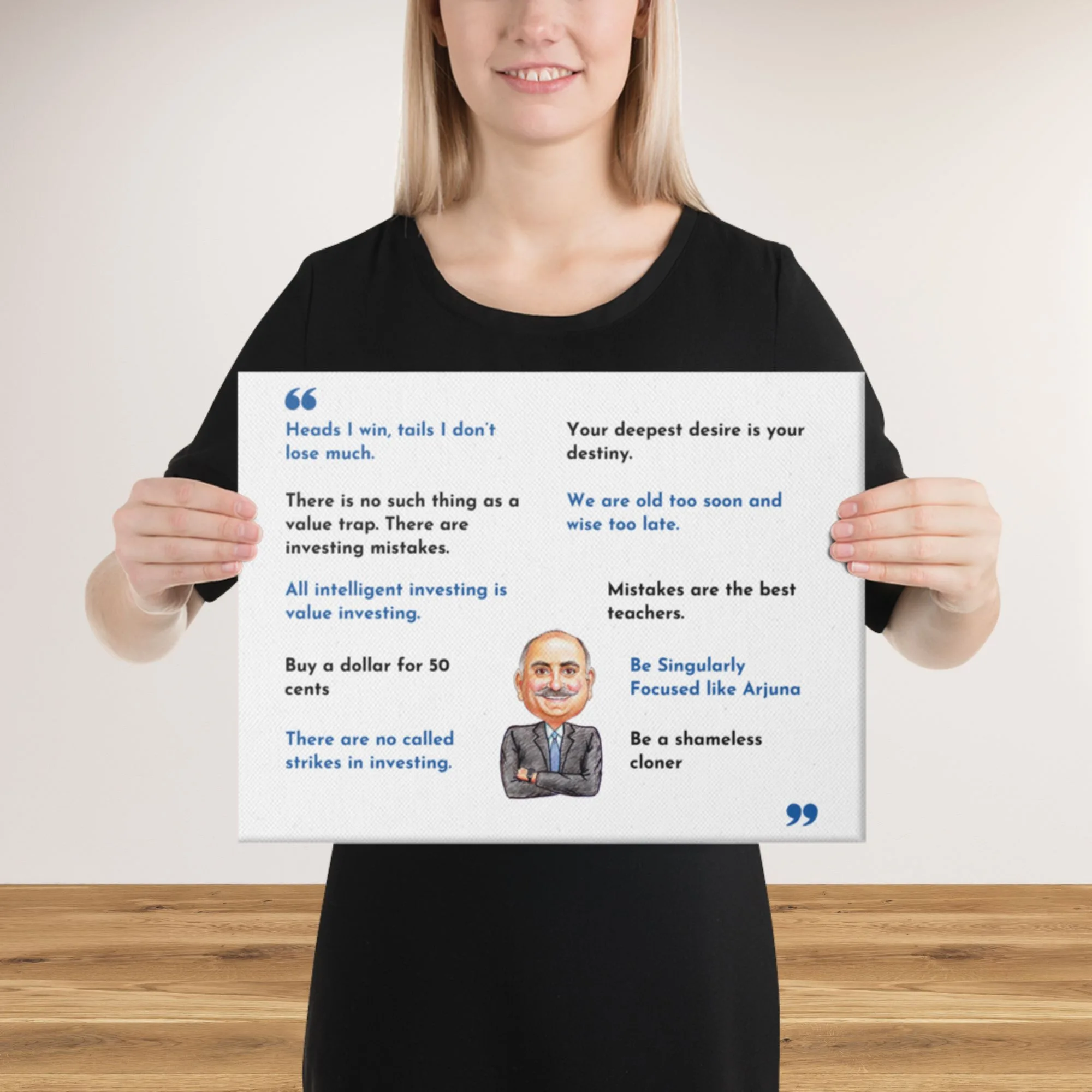 Mohnish Pabrai Best Quotes, Mohnish Pabrai Value Investor, Mohnish Pabrai Photo, Value Investor Gift, Close-up detail of the Mohnish Pabrai quote "The single biggest advantage a value investor has is not IQ. It's patience and waiting" printed on canvas.