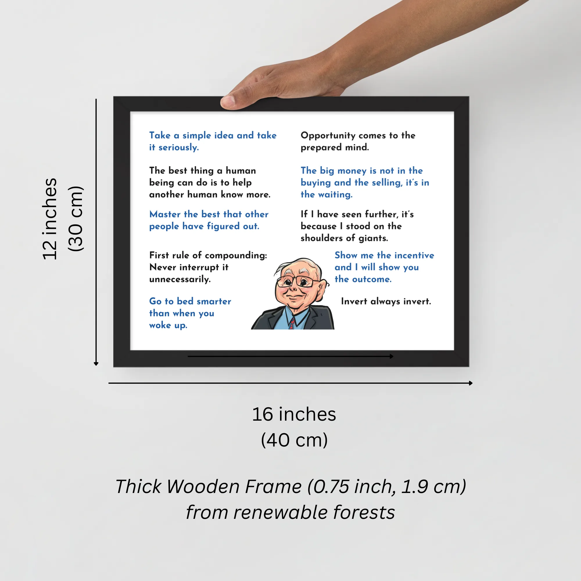 "Framed Charlie Munger quote art featuring caricature and ten famous quotes on a minimalist desk background."