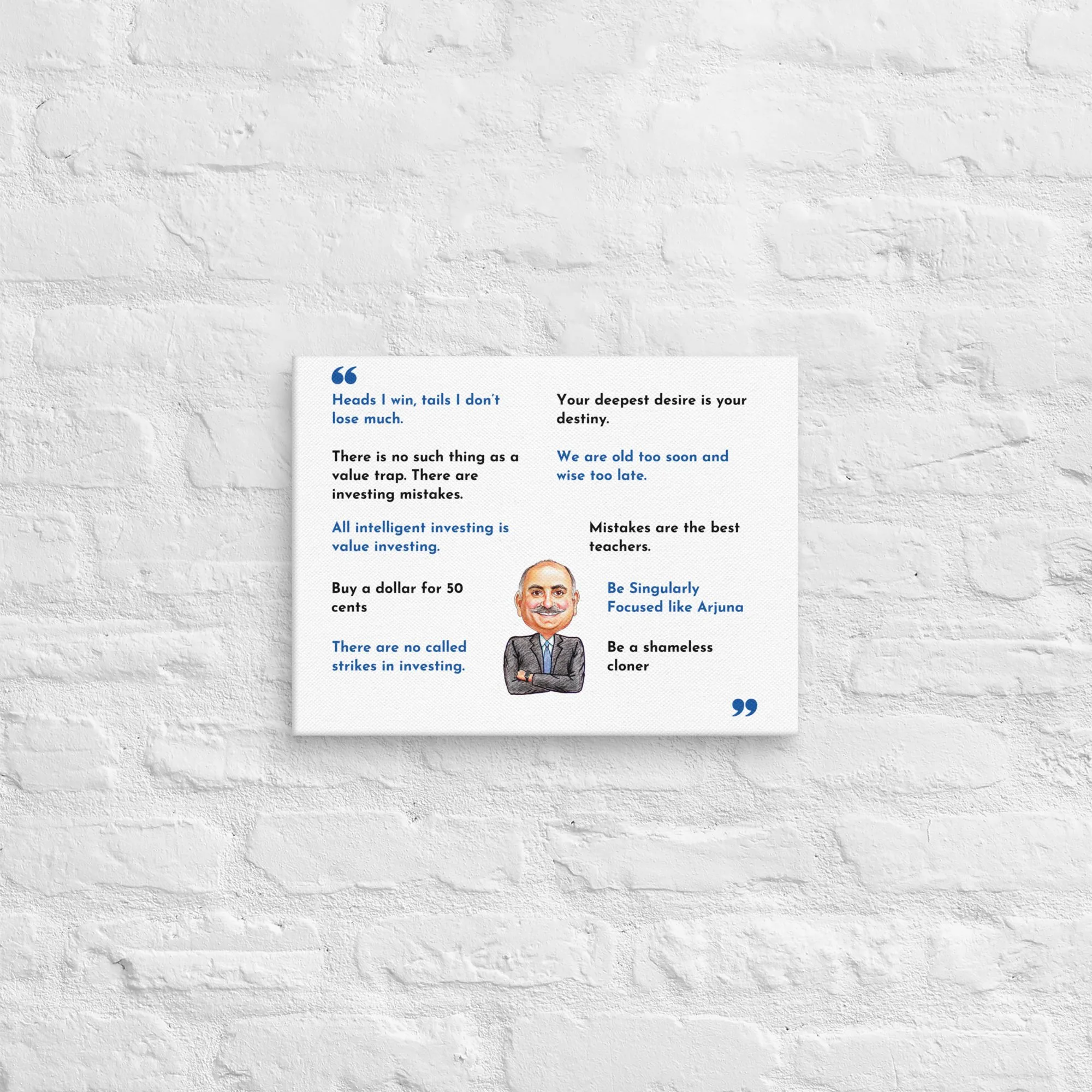 Bright and clear printing of Mohnish Pabrai's quotes on the canvas, showcasing color accuracy.
