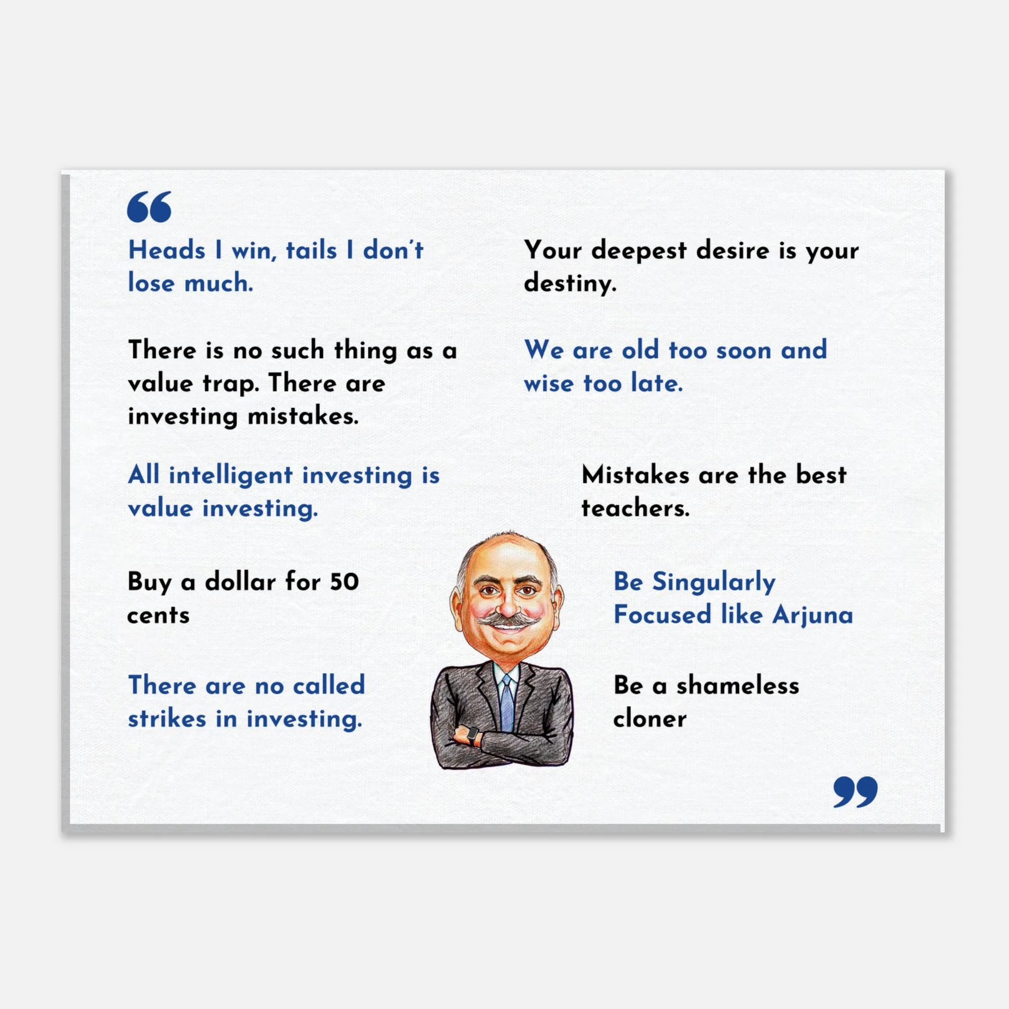 Mohnish Pabrai Top 10 Quotes Canvas Print hanging in a modern home office above a desk