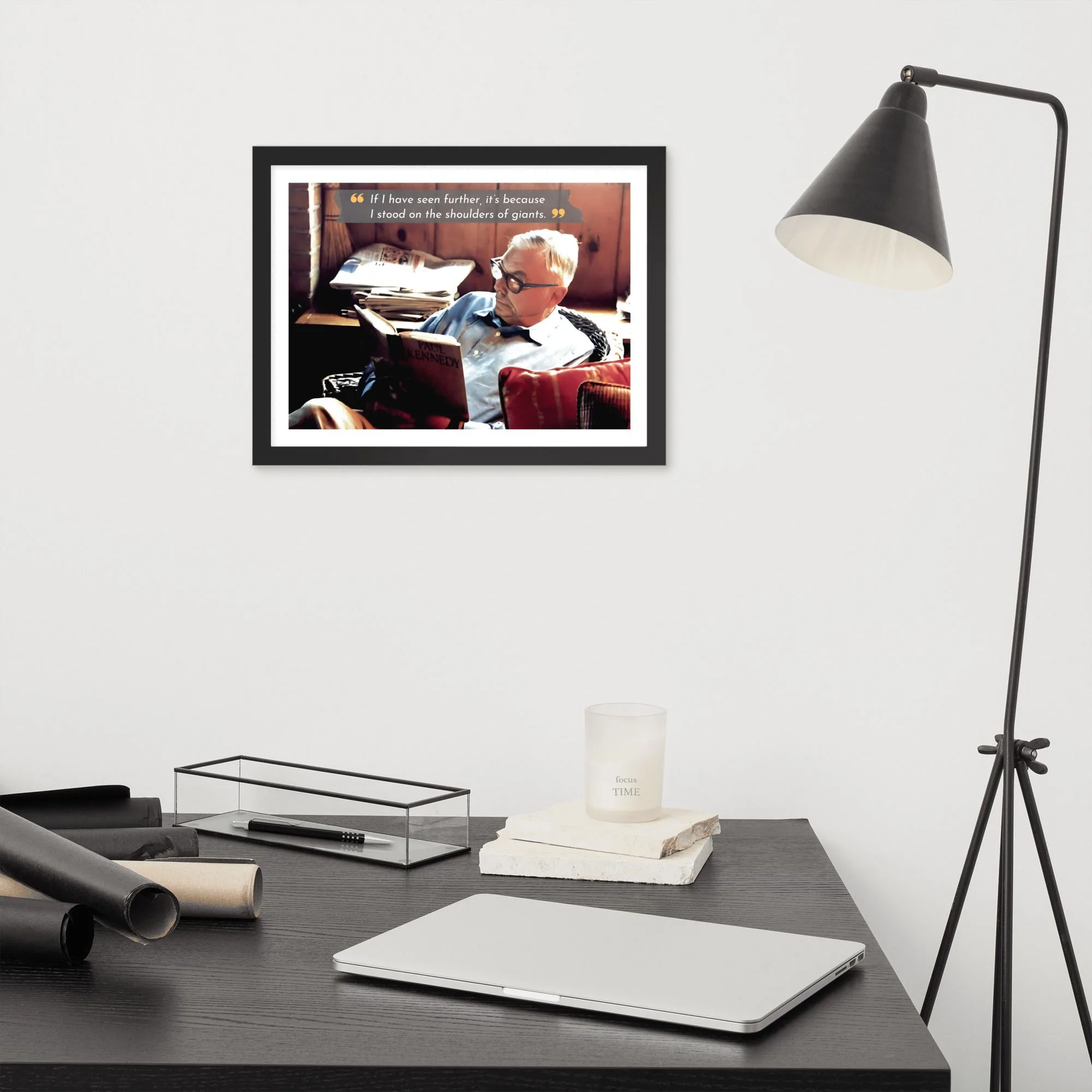 Minimalist decor featuring Charlie Munger reading, perfect for office or study