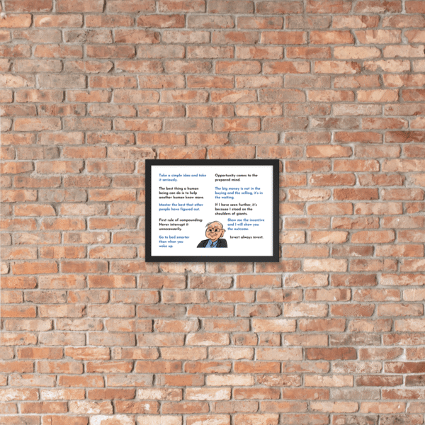 Charlie Munger quote frame displayed on a wooden desk with books, lamp, and decor, perfect for home office.