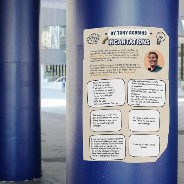 Digital poster with Tony Robbins’ affirmations, ideal for personal development workshops, retreats, or coworking spaces.