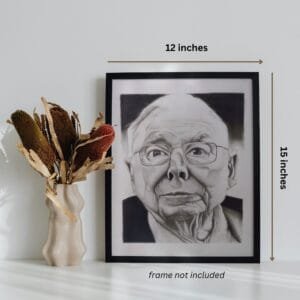 Realistic charcoal drawing of Charlie Munger displayed on a desk beside a vase