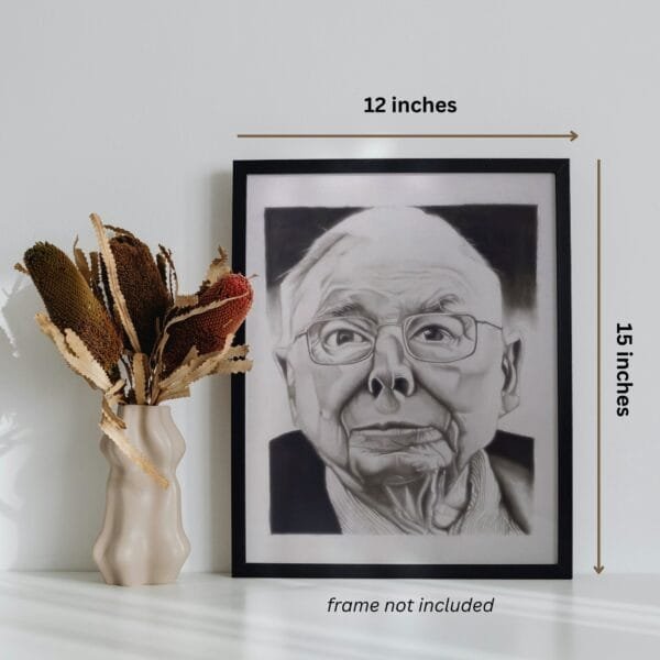 Realistic charcoal drawing of Charlie Munger displayed on a desk beside a vase