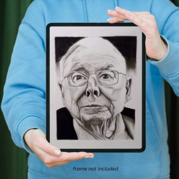 Charcoal portrait of Charlie Munger unframed, 12x15 inch original artwork for investors