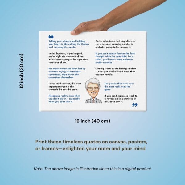 Digital download of 50 value investing quotes from legendary investors, ideal for printing on posters, canvas, or frames.