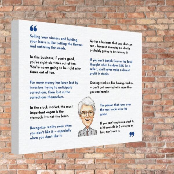 Quote canvas with legendary investor Peter Lynch’s best advice, ideal for stock market-themed home decor.