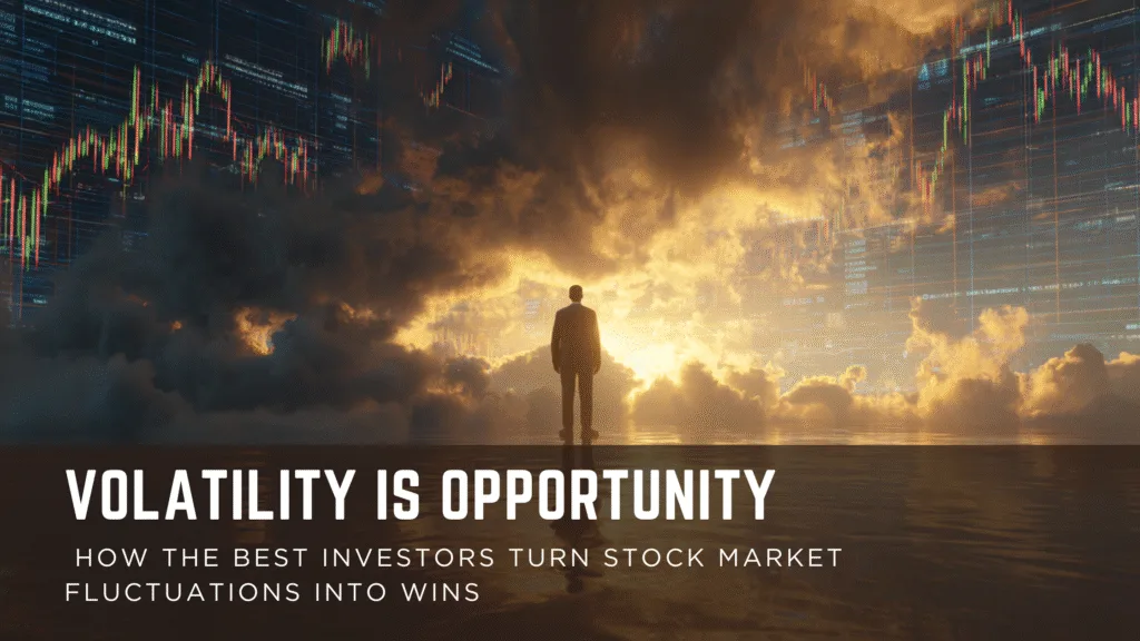 Volatility is opportunity -A wise, calm investor standing confidently in the middle of a chaotic stock market trading floor, stock charts swinging wildly up and down on giant digital screens,