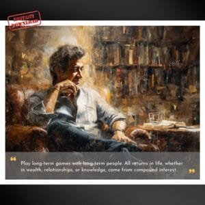 Naval Ravikant Portrait with Quote play long term games with long term people