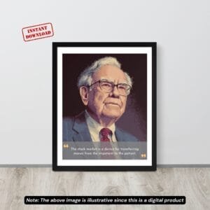 Pixel art portrait of Warren Buffett with quote about patience and investing.