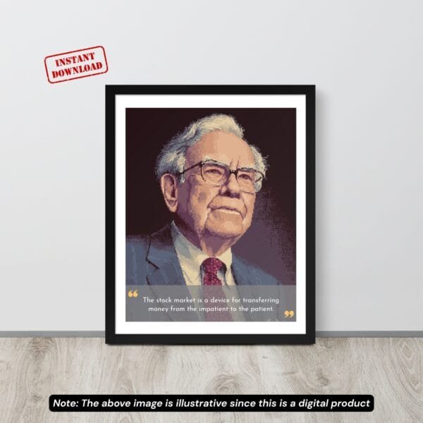 Pixel art portrait of Warren Buffett with quote about patience and investing.